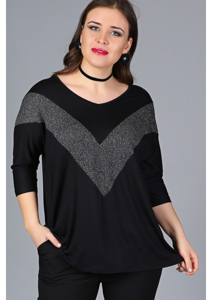 Büyük Beden Göğüs V Sim Bluz Siyah