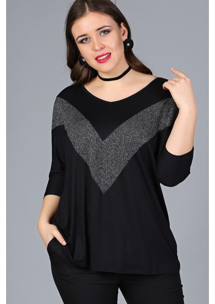 Büyük Beden Göğüs V Sim Bluz Siyah fiyatları