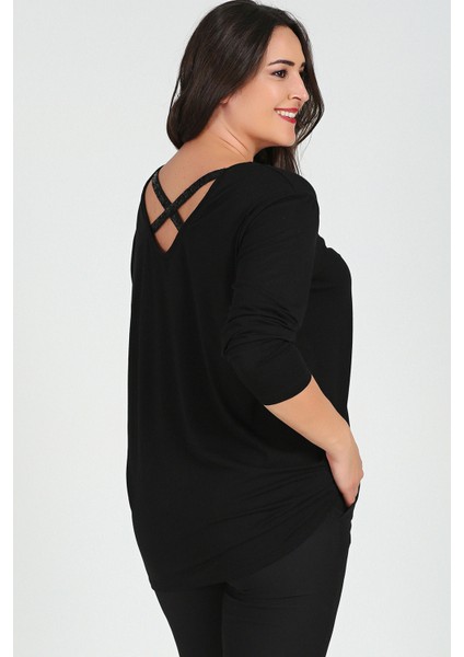 Büyük Beden Sırt Çapraz Pul Şerit Uzun Kol Bluz Siyah