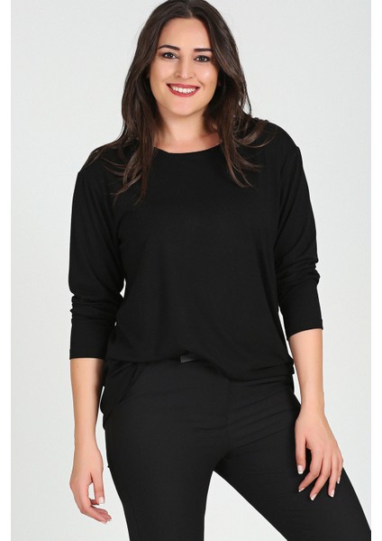 Büyük Beden Sırt Çapraz Pul Şerit Uzun Kol Bluz Siyah fiyatları