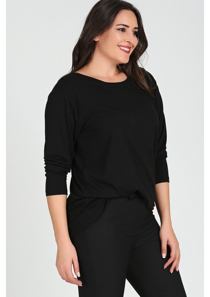 Büyük Beden Sırt Çapraz Pul Şerit Uzun Kol Bluz Siyah modelleri
