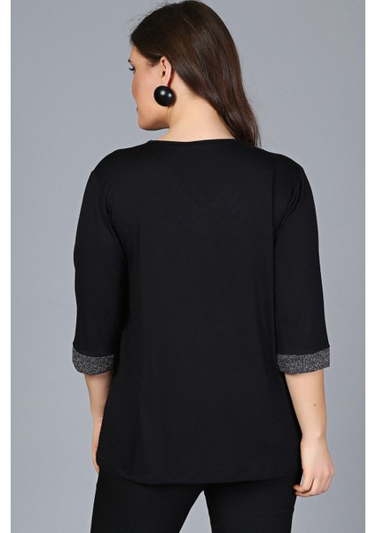 Büyük Beden Yaka Kolucu Sim Yarım Kol Bluz Siyah modelleri