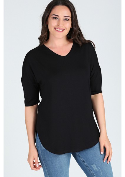 Büyük Beden Yan Yırtmaç Yarım Kol Bluz Siyah