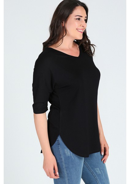 Büyük Beden Yan Yırtmaç Yarım Kol Bluz Siyah modelleri