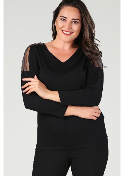Büyük Beden Omuz Zincir Tül Uzun Kol Bluz Siyah