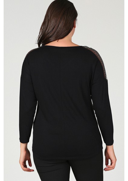 Büyük Beden Omuz Zincir Tül Uzun Kol Bluz Siyah modelleri
