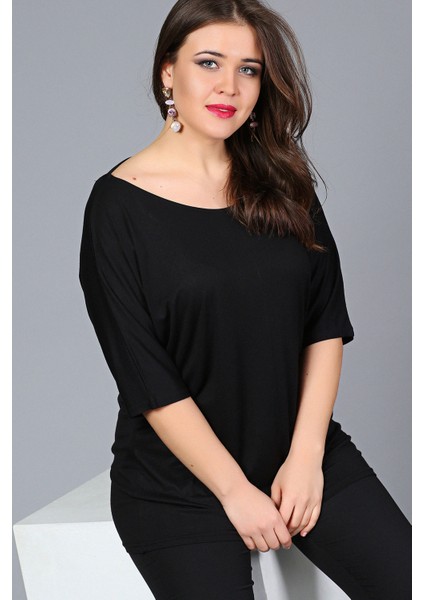 Büyük Beden Sırt Dekolteli Pul Payet Bantlı Yarım Kol Bluz Siyah fiyatları