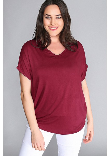 Büyük Beden Sırt Çapraz Kısa Kol Bluz Kırmızı modelleri
