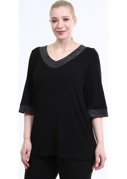 Büyük Beden Yaka Kolucu Sim Bluz Siyah