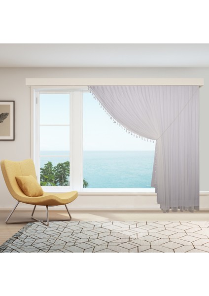 Tek Kanat Saçaklı Püsküllü Şantuk Desen Etekleri Kurşunlu 1-2 Pile Kruvaze Tül Perde