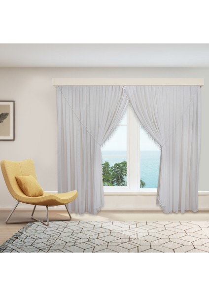 Yeni Model Akita Kalın Çizgili Etekleri Kurşunlu 1-3 Sık Pile Saçaklı Kruvaze Tül Perde