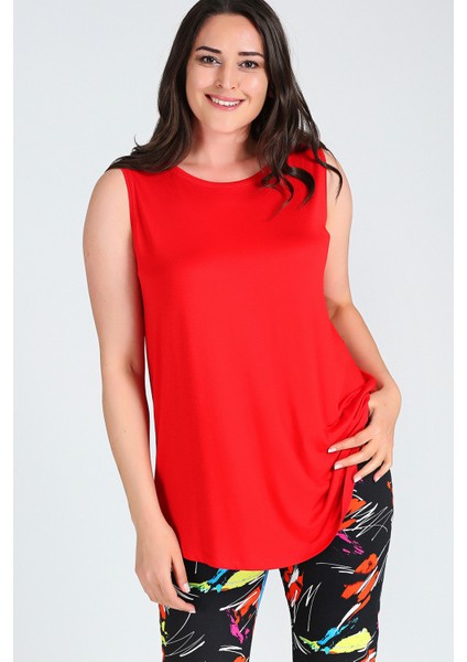 Büyük Beden Kolsuz Viskon Basic Bluz Kırmızı