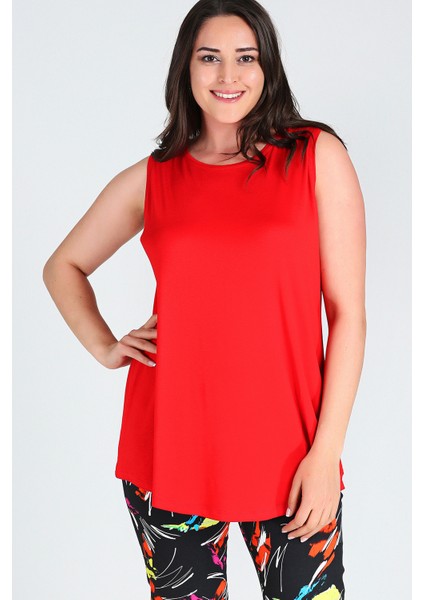 Büyük Beden Kolsuz Viskon Basic Bluz Kırmızı fiyatları