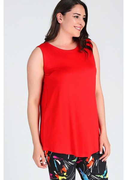 Büyük Beden Kolsuz Viskon Basic Bluz Kırmızı modelleri