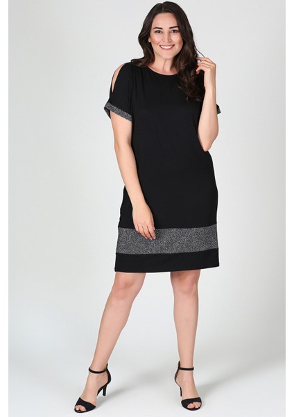 Büyük Beden Eteği Kol Ucu Simli Elbise Siyah fiyatları
