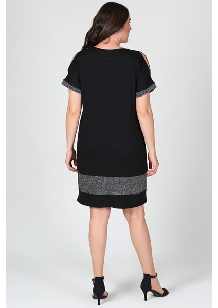 Büyük Beden Eteği Kol Ucu Simli Elbise Siyah fırsatları