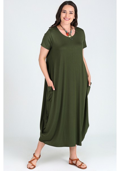 Jumbo Kısa Kol Elbise Haki