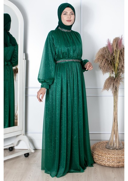 Taş Işlemeli Simli Tül Abiye Zümrüt FHM858 fiyatları