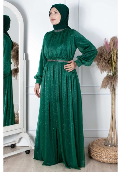 Taş Işlemeli Simli Tül Abiye Zümrüt FHM858 modelleri