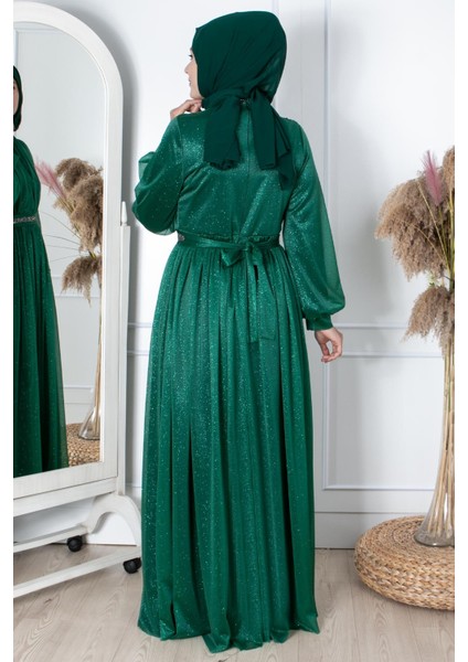 Taş Işlemeli Simli Tül Abiye Zümrüt FHM858 indirimleri