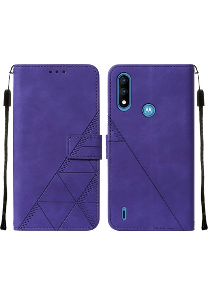 Moto E7 Power Için Kabartmalı Pu Deri Stand Cüzdan Telefon Kılıfı - Mor (Yurt Dışından)