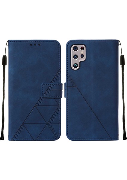 Galaxy S22 Ultra Için Kabartmalı Pu Deri Stand Cüzdan Telefon Kılıfı - Mavi (Yurt Dışından)