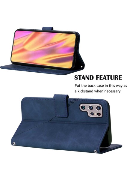 Galaxy S22 Ultra Için Kabartmalı Pu Deri Stand Cüzdan Telefon Kılıfı - Mavi (Yurt Dışından)