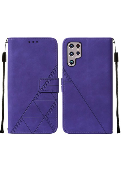 Galaxy S22 Ultra Için Kabartmalı Pu Deri Stand Cüzdan Telefon Kılıfı - Mor (Yurt Dışından)