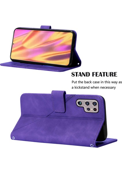 Galaxy S22 Ultra Için Kabartmalı Pu Deri Stand Cüzdan Telefon Kılıfı - Mor (Yurt Dışından)