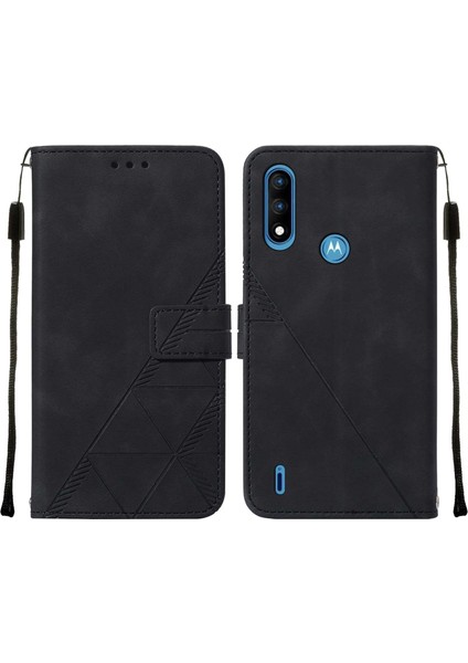 Moto E7 Power Için Kabartmalı Pu Deri Stand Cüzdan Telefon Kılıfı - Siyah (Yurt Dışından)