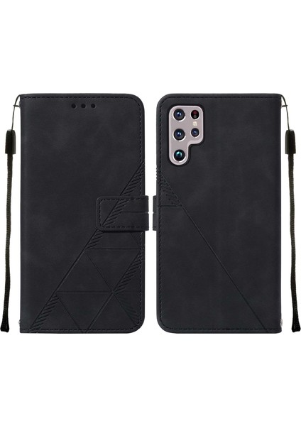 Galaxy S22 Ultra Için Kabartmalı Pu Deri Stand Cüzdan Telefon Kılıfı - Siyah (Yurt Dışından)