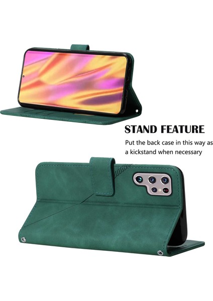 Galaxy S22 Ultra Için Kabartmalı Pu Deri Stand Cüzdan Telefon Kılıfı - Yeşil (Yurt Dışından)