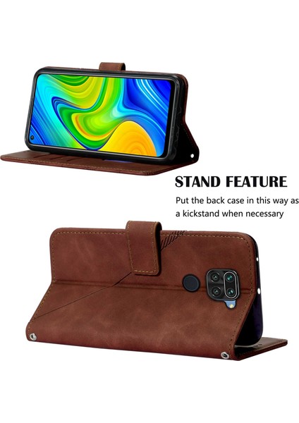 Redmi Note 9 Için Kabartmalı Pu Deri Stand Cüzdan Telefon Kılıfı - Kahverengi (Yurt Dışından)