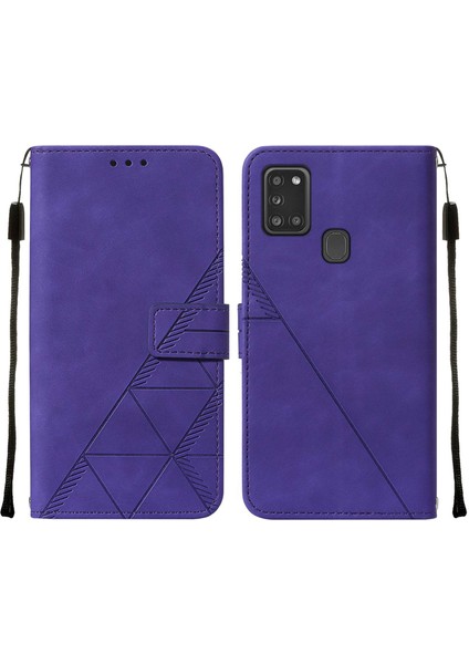 Galaxy A21S Için Kabartmalı Pu Deri Stand Cüzdan Telefon Kılıfı - Mor (Yurt Dışından)