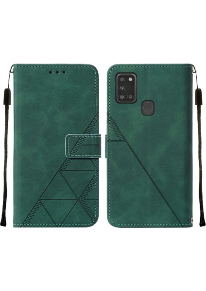 Galaxy A21S Için Kabartmalı Pu Deri Stand Cüzdan Telefon Kılıfı - Yeşil (Yurt Dışından)