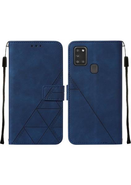 Galaxy A21S Için Kabartmalı Pu Deri Stand Cüzdan Telefon Kılıfı - Mavi (Yurt Dışından)