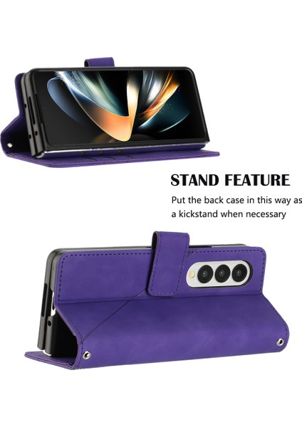 Galaxy Z Fold 4 5g Için Kabartmalı Pu Deri Stand Cüzdan Telefon Kılıfı - Mor (Yurt Dışından)