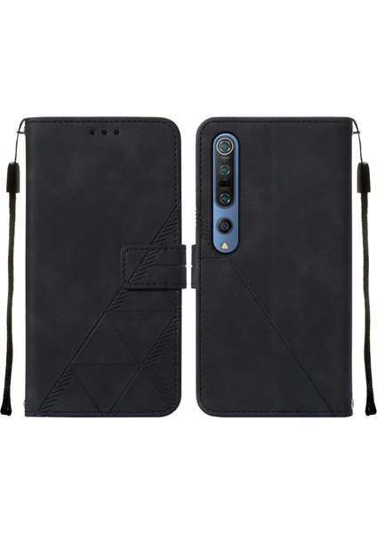 Mi 10 / Mi 10 Pro 5g Için Kabartmalı Pu Deri Stand Cüzdan Telefon Kılıfı - Siyah (Yurt Dışından)