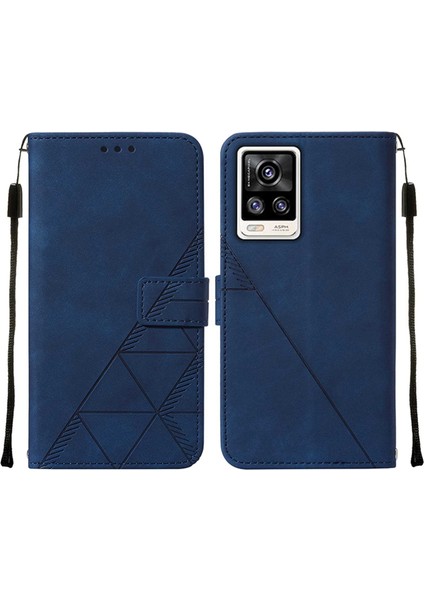 V20 / V21E 4g / Y73 2021 Için Kabartmalı Pu Deri Stand Cüzdan Telefon Kılıfı - Mavi (Yurt Dışından)