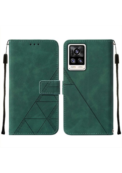 V20 / V21E 4g / Y73 2021 Için Kabartmalı Pu Deri Stand Cüzdan Telefon Kılıfı - Yeşil (Yurt Dışından)