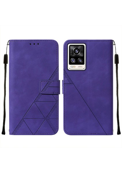 V20 / V21E 4g / Y73 2021 Için Kabartmalı Pu Deri Stand Cüzdan Telefon Kılıfı - Mor (Yurt Dışından)