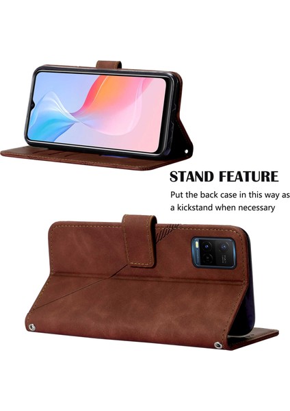 Y21 2021 / Y33S Y21S Için Kabartmalı Pu Deri Stand Cüzdan Telefon Kılıfı - Kahverengi (Yurt Dışından)