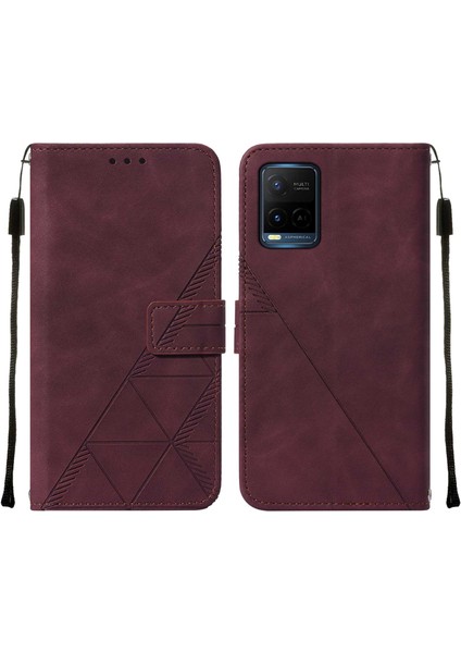 Y21 2021 / Y33S Y21S Için Kabartmalı Pu Deri Stand Cüzdan Telefon Kılıfı - Kırmızı (Yurt Dışından)