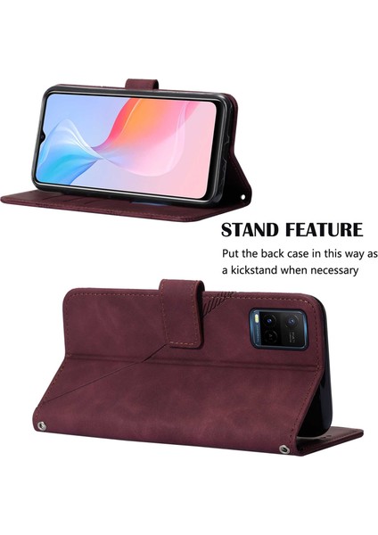 Y21 2021 / Y33S Y21S Için Kabartmalı Pu Deri Stand Cüzdan Telefon Kılıfı - Kırmızı (Yurt Dışından)