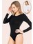 5 Adet, Kadın Bisiklet Yaka Uzun Kollu Çıtçıtlı Body %92 Pamuk, %8 Elastan Siyah 1