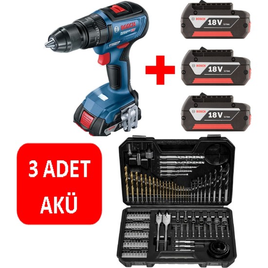 Bosch Darbeli Matkap Kömürsüz Şarjlı Matkap Akülü Vidalama (3 Adet 2 Ah Akü) + 103 Parça Aksesuar Seti