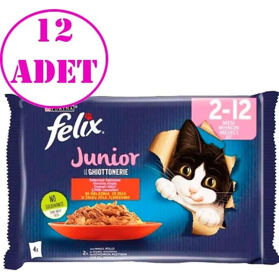 Felix Junior Tavuklu ve Sığır Etli Ekonomik Yaş Kedi Maması 12 Adet 4x85 gr