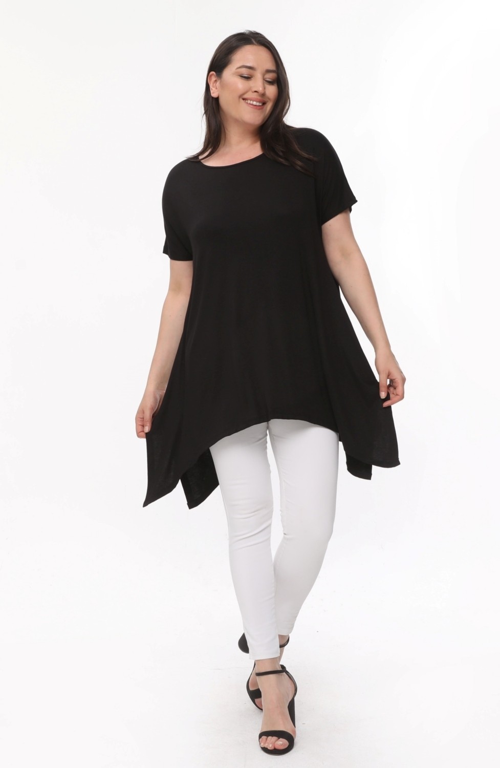 Curvy Trend Büyük Beden Kısa Kol Yırtmaçlı Basic Bluz Siyah görsel 2