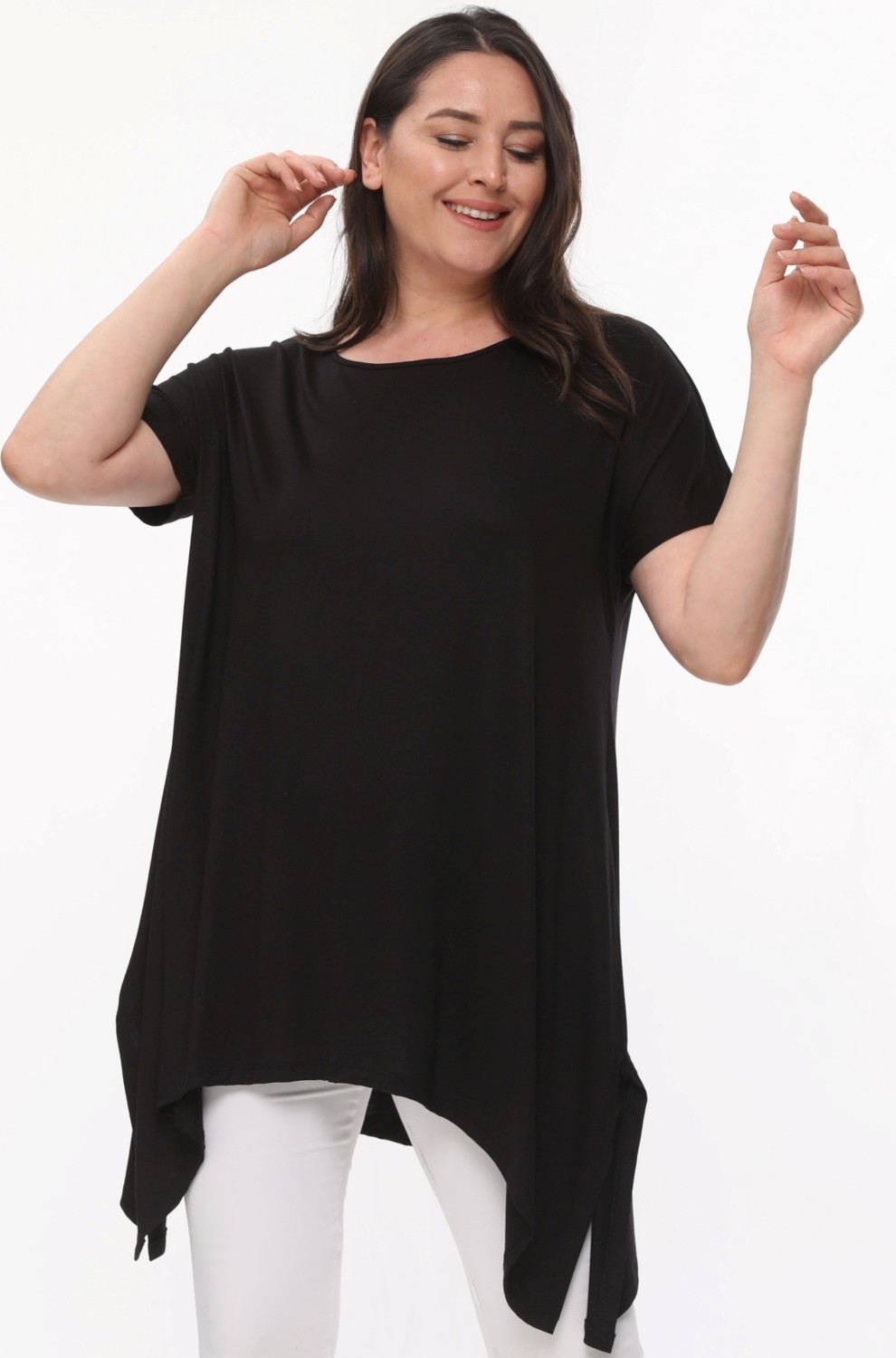 Curvy Trend Büyük Beden Kısa Kol Yırtmaçlı Basic Bluz Siyah görsel 3