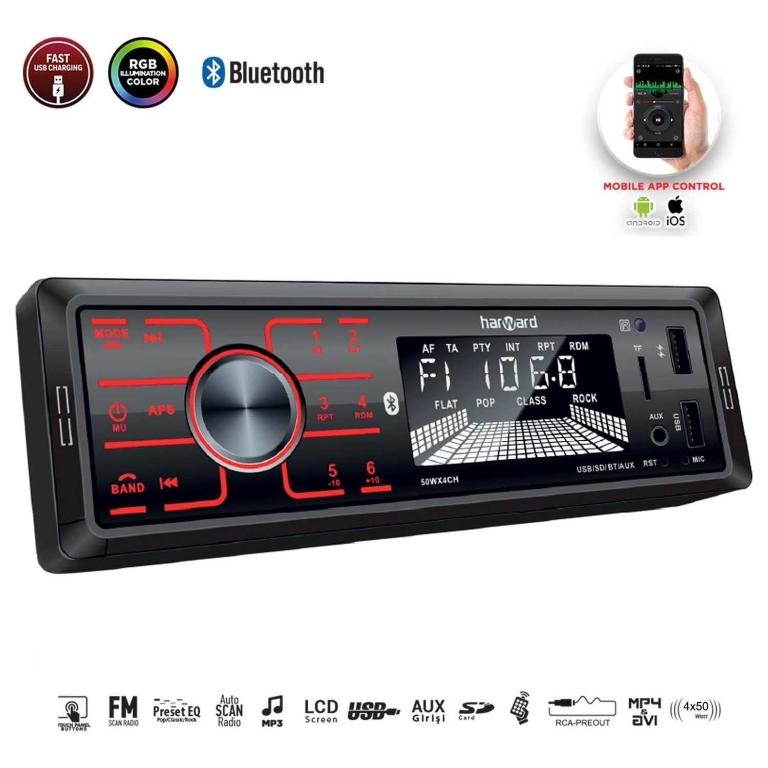 Harward Oto Teyp 4X50W Bt/2xusb/sd/fm/aux Mobil Aplikasyon Fiyatı